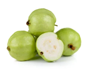Whole and sliced guava with seeds – high fiber fruit to control cholesterol and support heart function.